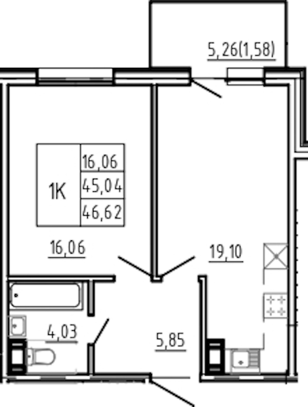 1-комнатная квартира 46.62 м², 3/5 эт., Комплекс апартаментов «Bereg. Курортный»